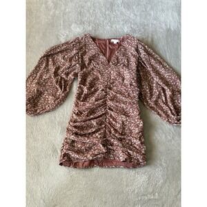 Hyfve Women's Large Animal Print Ruched Mini‎ Dress Balloon Sleeve Brown